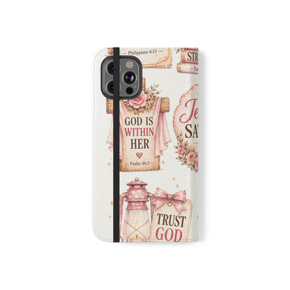 Christian Floral Phone Flip Case — "Jesus Saves" & Inspirational Scripture Wallet Cover