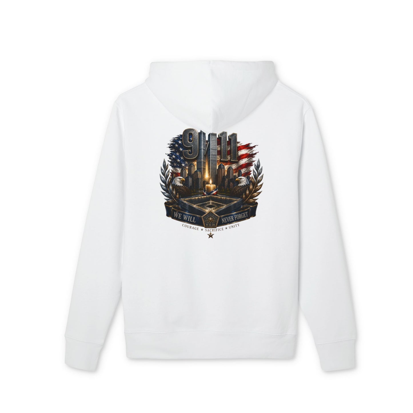 9/11 Memorial Hoodie - American Flag Tribute with Twin Towers Emblem