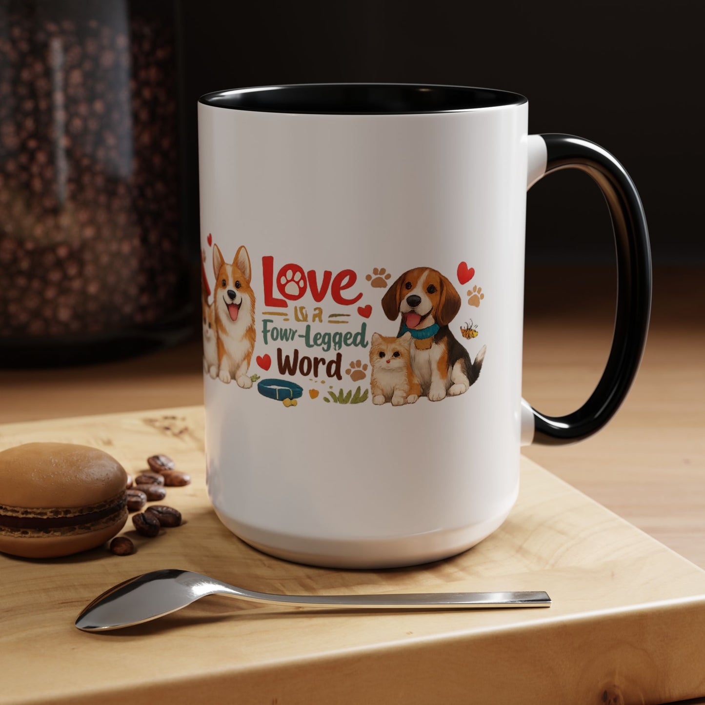Dog Lover Accent Coffee Mug — “Love is a Four-Legged Word” Ceramic Gift