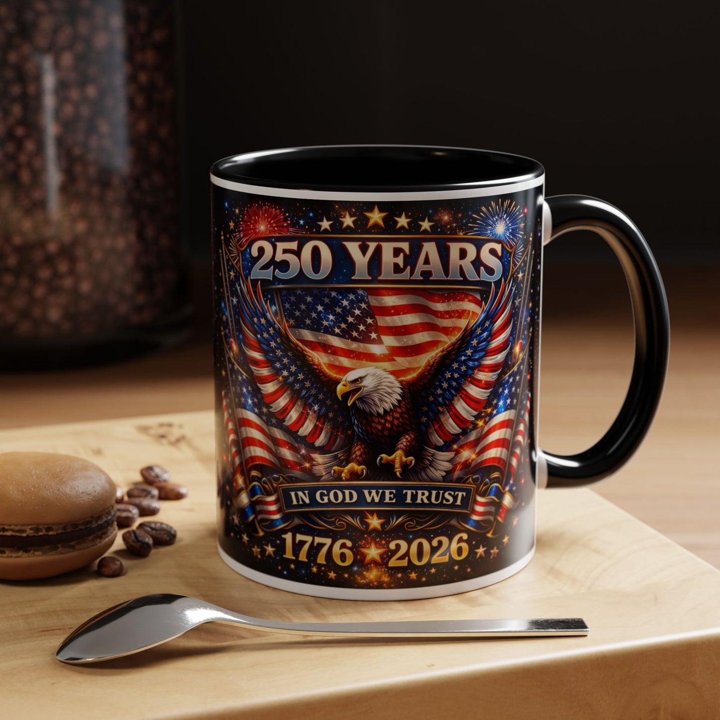 250 Years Patriotic Coffee Mug — In God We Trust 1776–2026