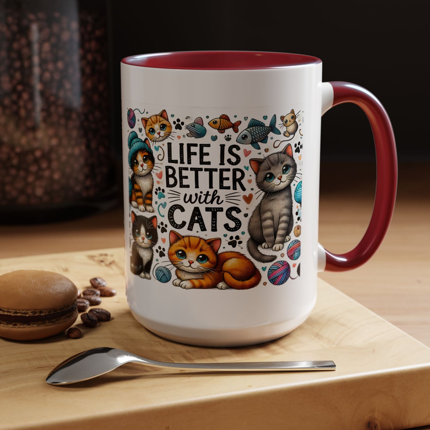 Life Is Better With Cats Accent Coffee Mug – Cute Kitten Ceramic Tea Cup (11/15oz)