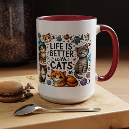 Life Is Better With Cats Accent Coffee Mug – Cute Kitten Ceramic Tea Cup (11/15oz)