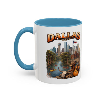 Dallas Skyline Accent Coffee Mug — Texas Souvenir Mug with Guitar & Cityscape
