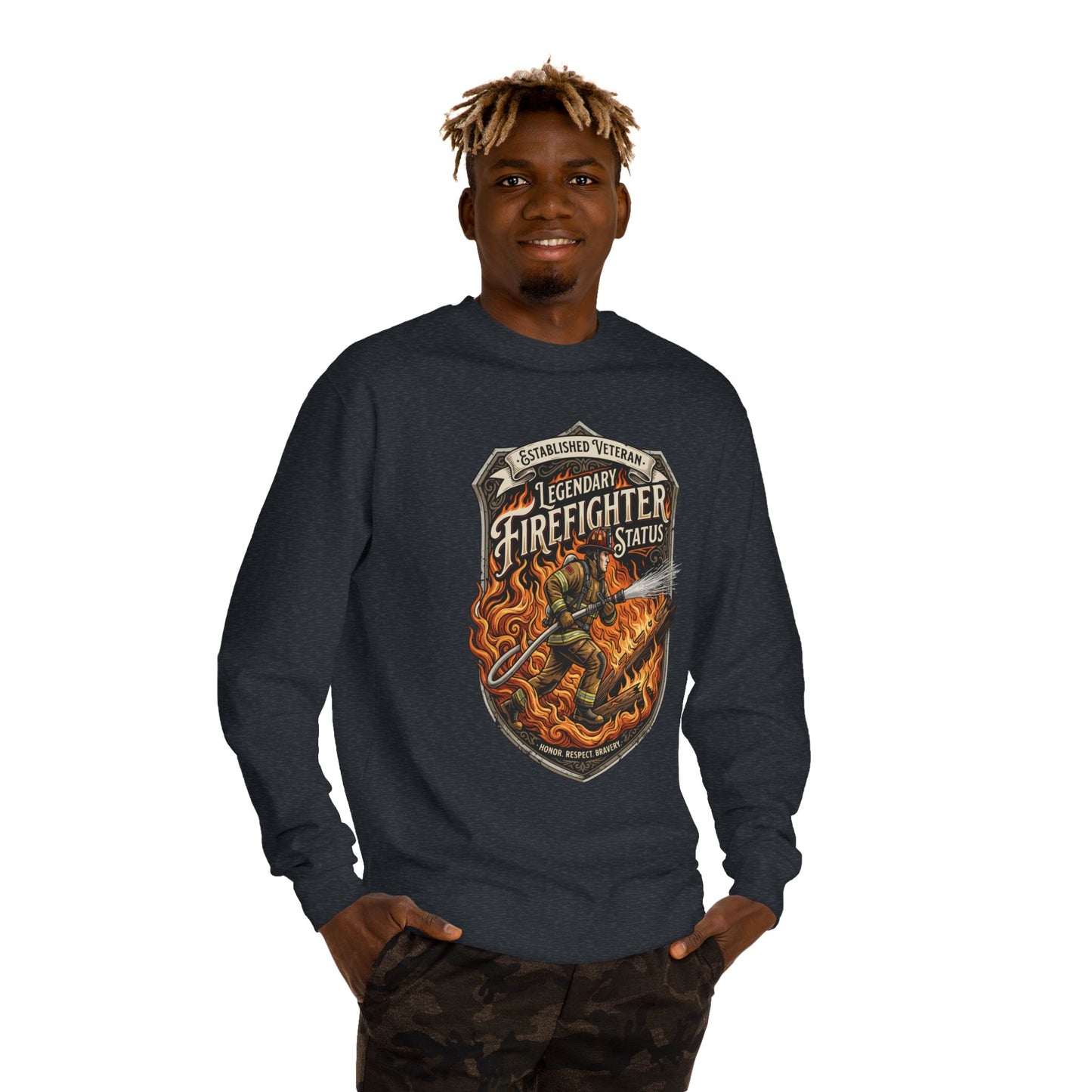 Legendary Firefighter Status Sweatshirt — Established Veteran Badge Crewneck