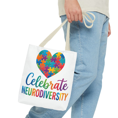 Celebrate Neurodiversity Tote Bag – Rainbow Puzzle Heart Awareness Tote