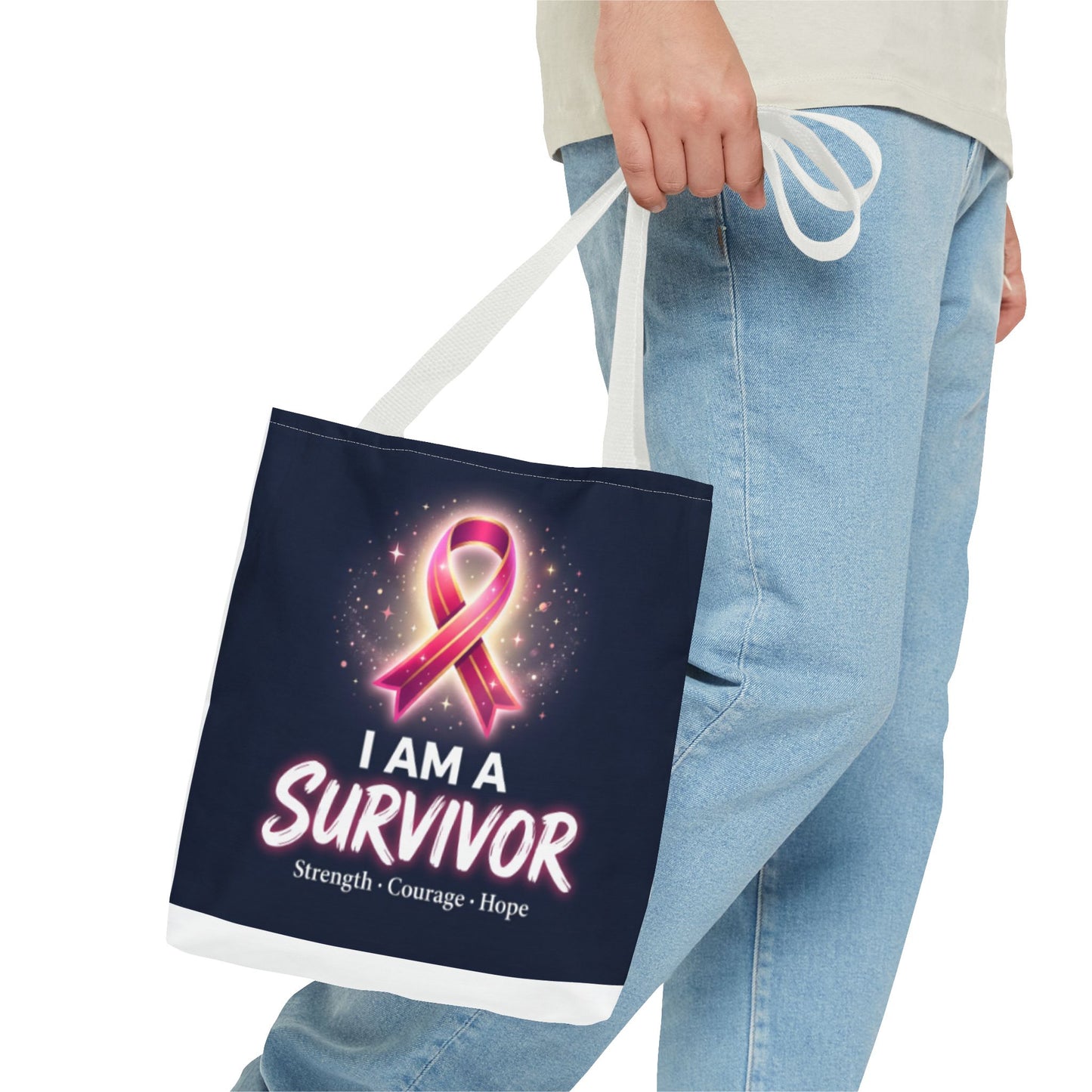 Survivor Ribbon Tote Bag — "I Am A Survivor" Breast Cancer Awareness Tote