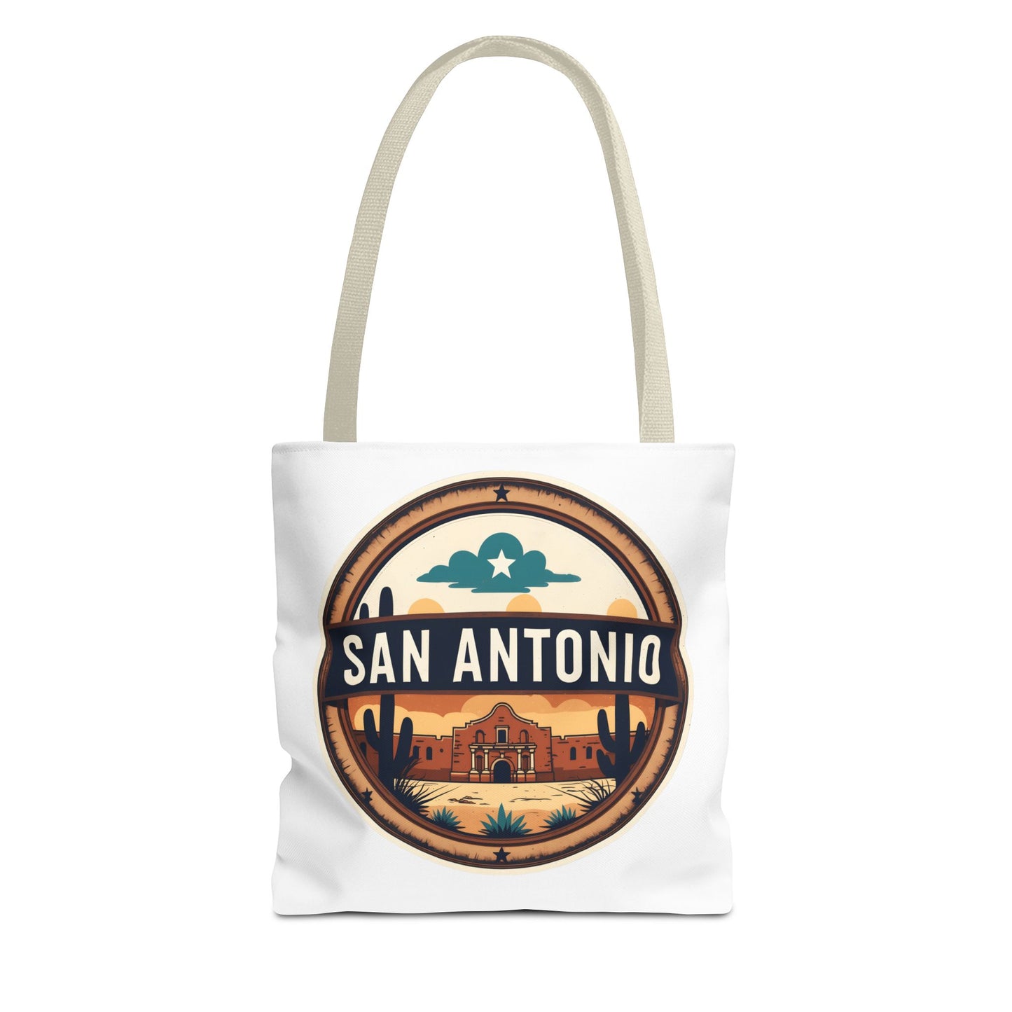 San Antonio Vintage Badge Tote Bag — Retro Texas Travel Market Tote