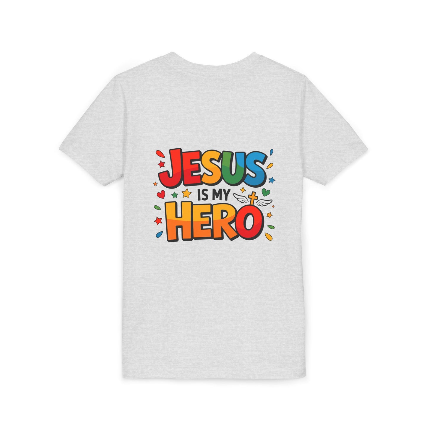 Youth Tee — "Jesus Is My Hero" Colorful Kids Christian T-Shirt