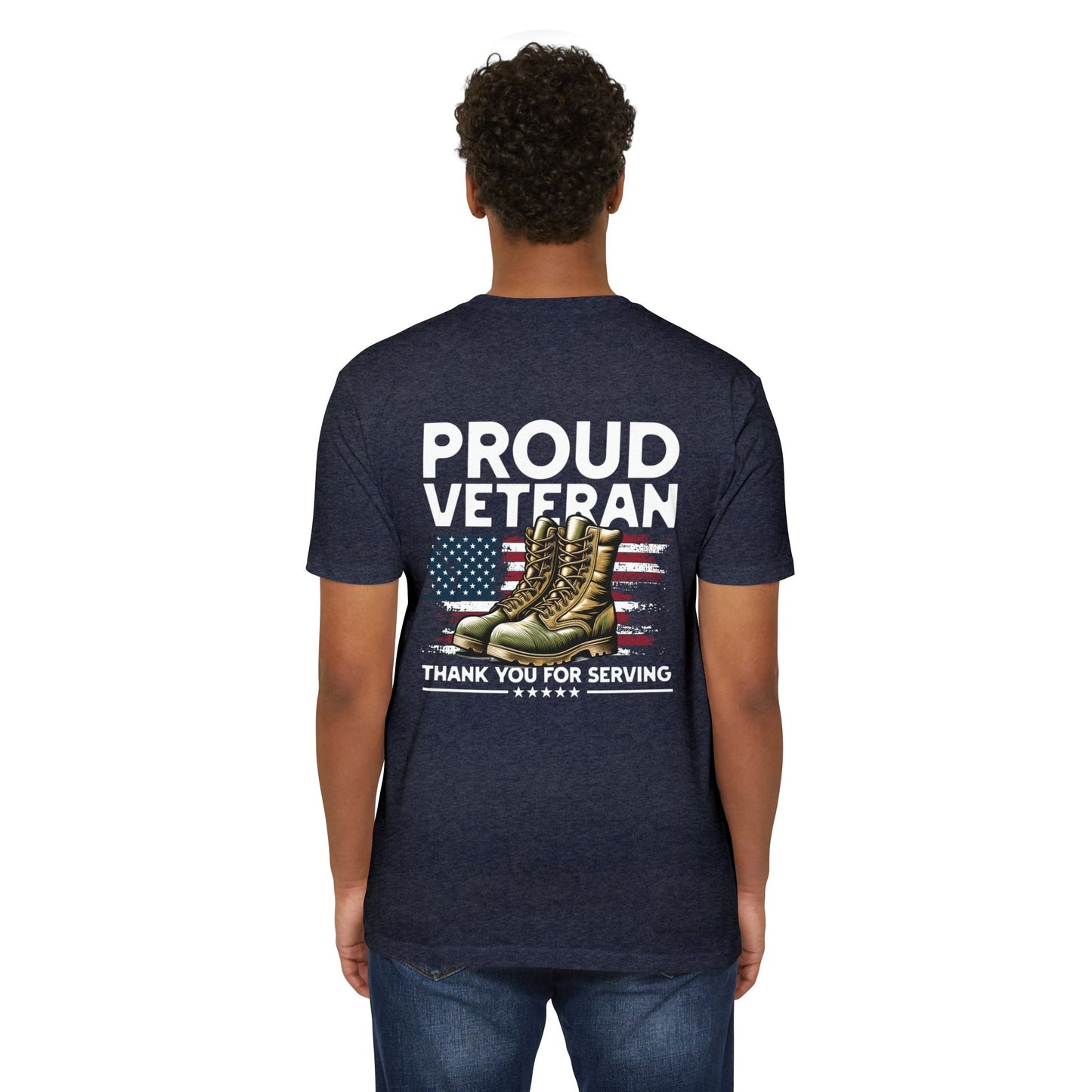 Proud Veteran T-Shirt — "Proud Veteran" with Military Boots & American Flag — Thank You for Serving