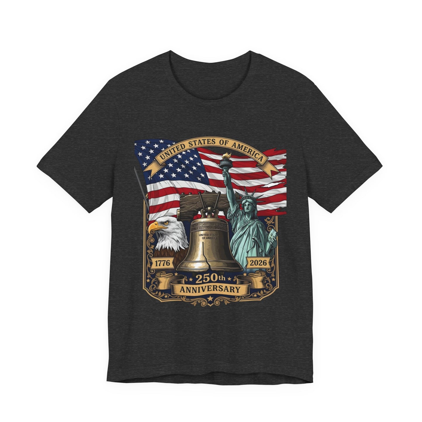 Patriotic 250th Anniversary T-Shirt - Liberty Bell, Bald Eagle & Statue of Liberty