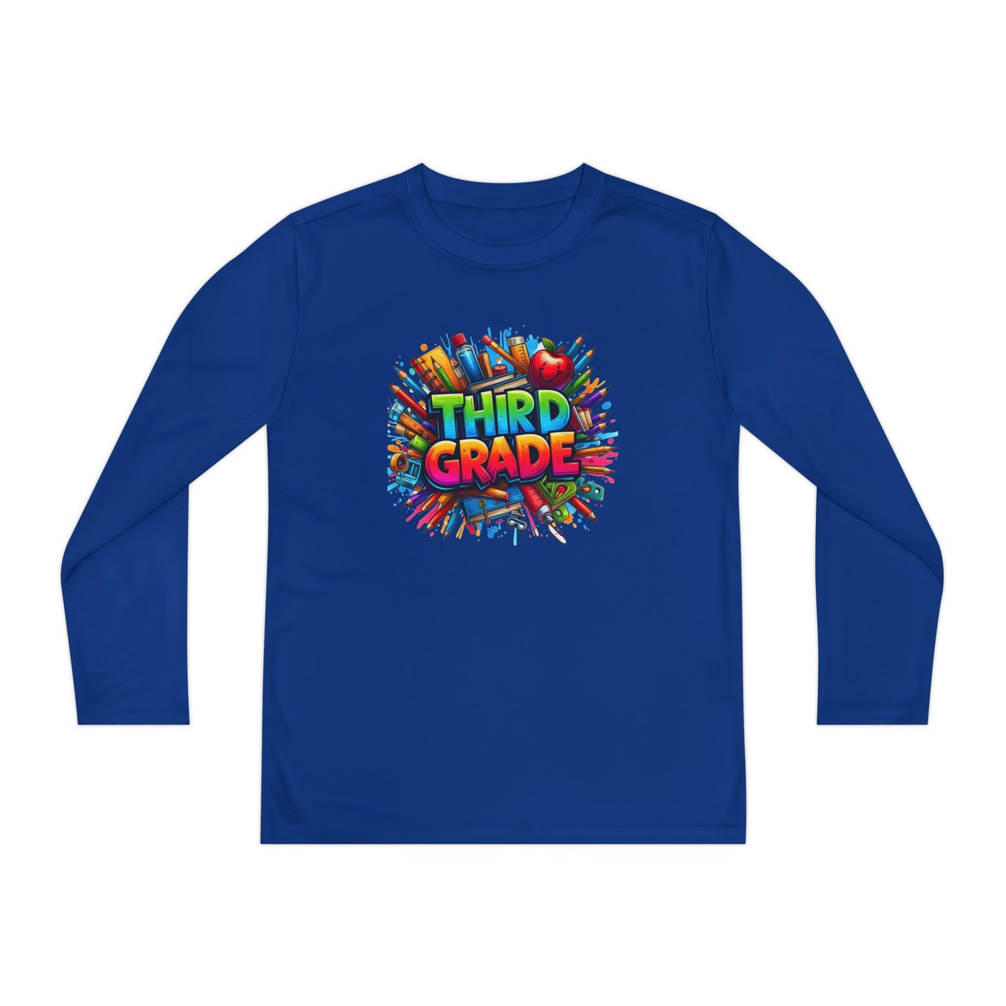 Third Grade Youth Long Sleeve Tee — Colorful School Supplies Design