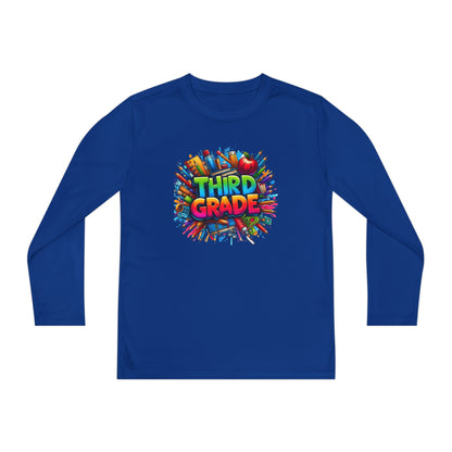 Third Grade Youth Long Sleeve Tee — Colorful School Supplies Design
