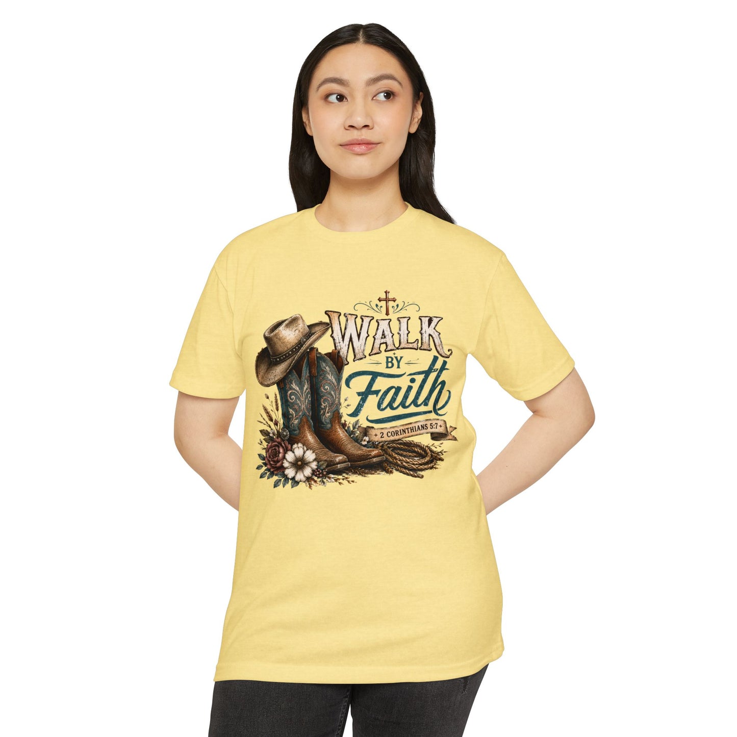Walk By Faith T-Shirt — Christian Cowboy Boots & Hat Graphic Tee