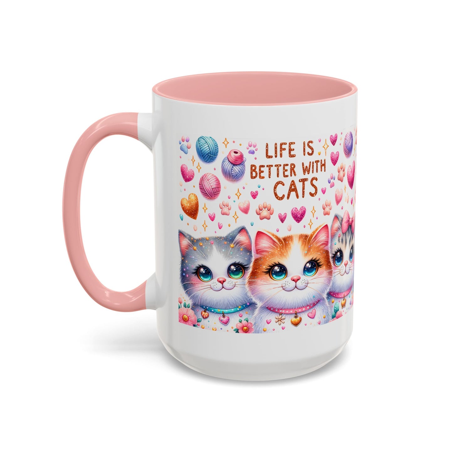 Cat Lover Accent Coffee Mug — "Life Is Better With Cats" Cute Kittens Design (11/15oz)