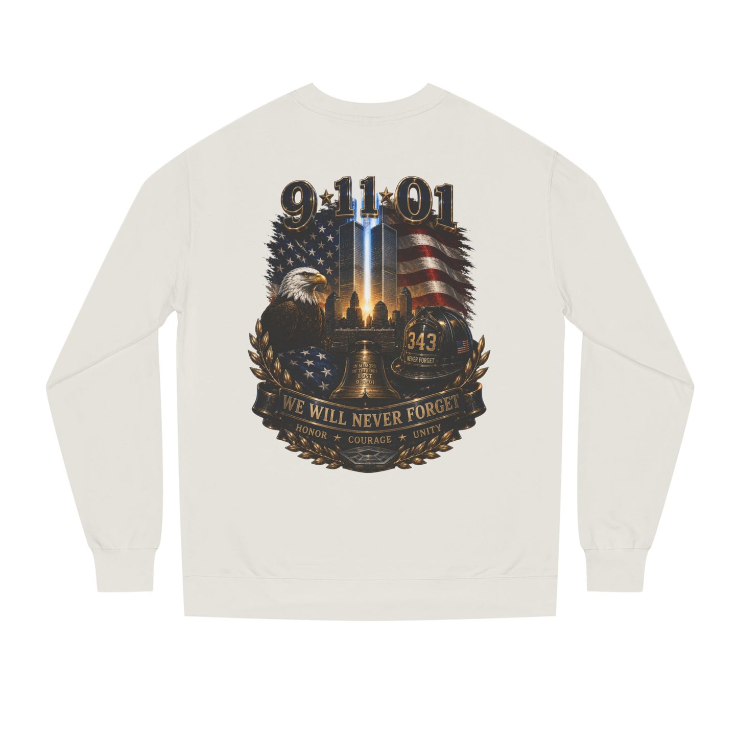 9/11 Remembrance Crewneck Sweatshirt — We Will Never Forget Memorial Tee