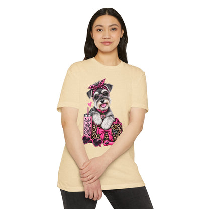 Schnauzer Fashion Tee — Cute Dog with Leopard Bag & 'Faith, Dog, Coffee' Design