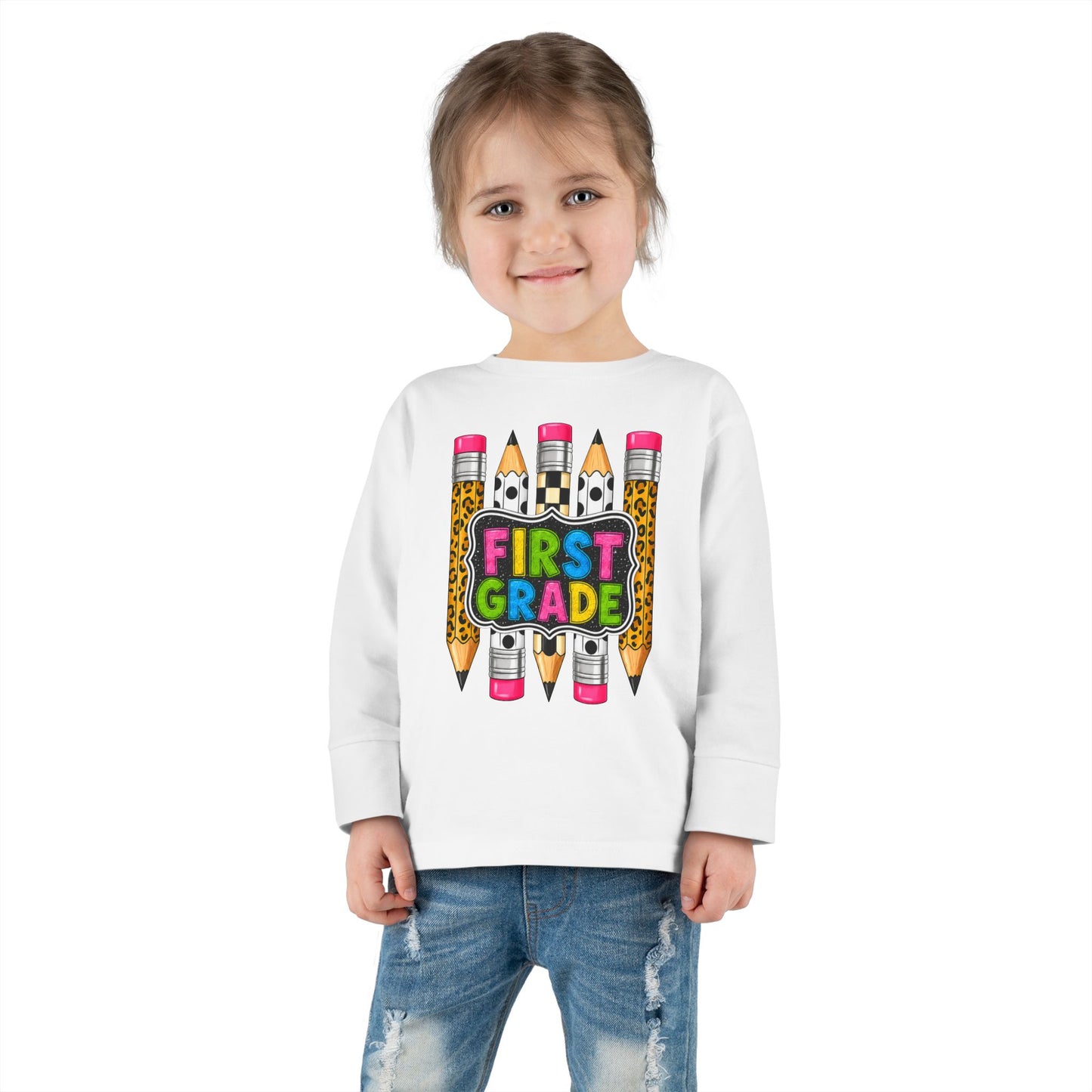 First Grade Toddler Long Sleeve Tee - Colorful Pencils Back-to-School Shirt