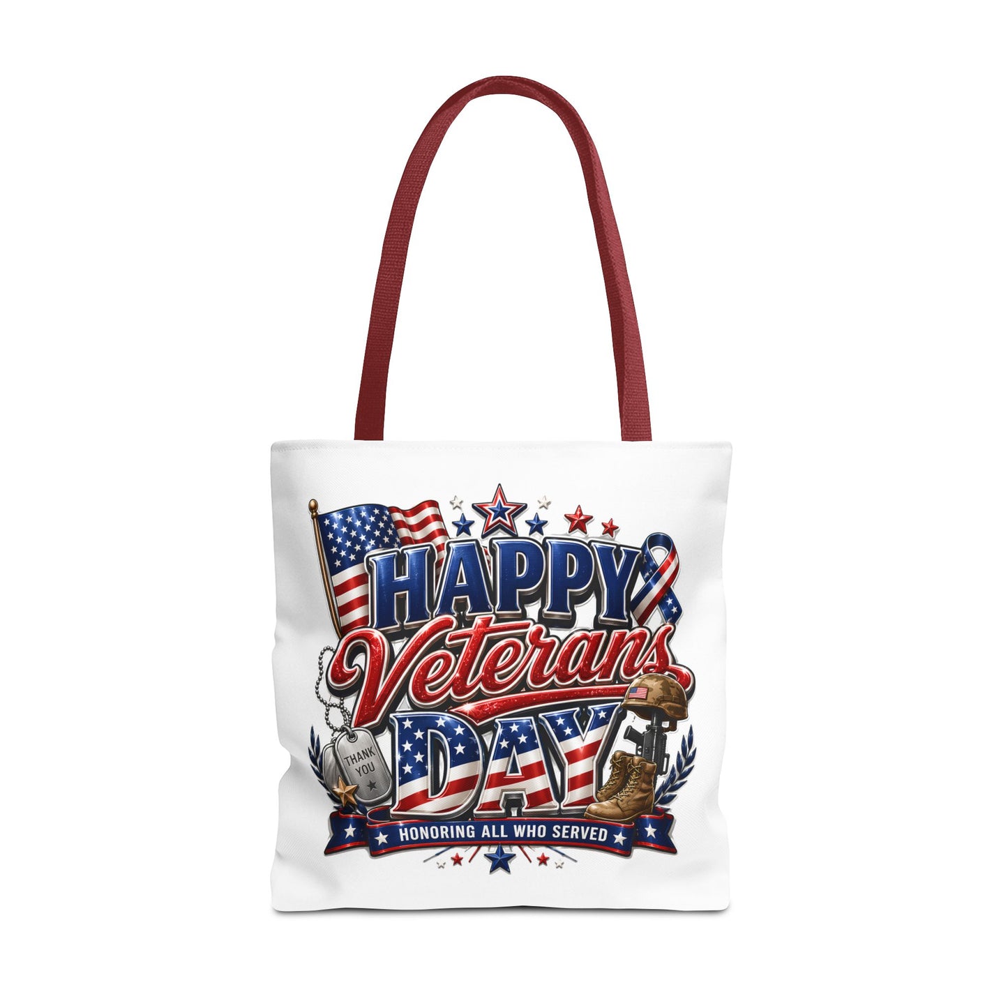 Veterans Day Tote Bag — "Happy Veterans Day" Patriotic All-Over Print