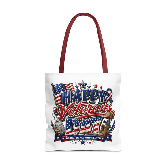 Veterans Day Tote Bag — "Happy Veterans Day" Patriotic All-Over Print