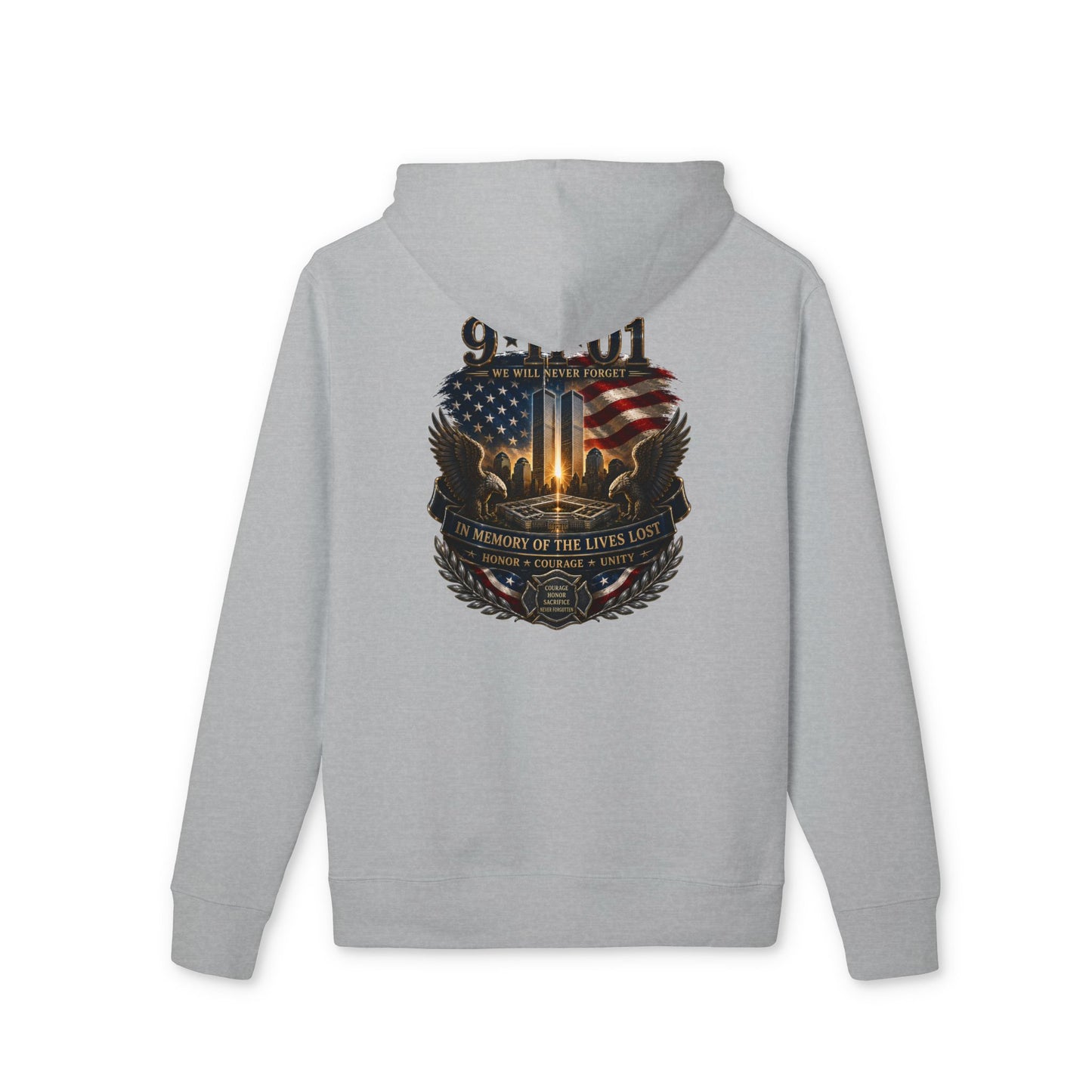 9/11 Memorial Hoodie — Twin Towers Tribute with American Flag