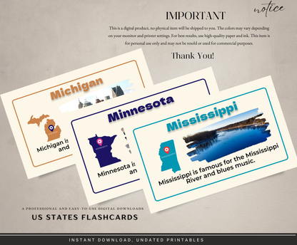 US States Flashcards | Printable Geography Study Cards PDF for Kids & Students