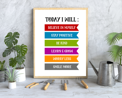 Today I Will Poster Positive Wall Art | Motivational Quote, Inspirational Mindset Decor, Printable Daily Affirmation Wall Art