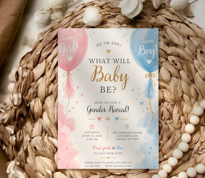 Baby Reveal Invitation Template | Editable Gender Reveal Party Invite Canva Template
