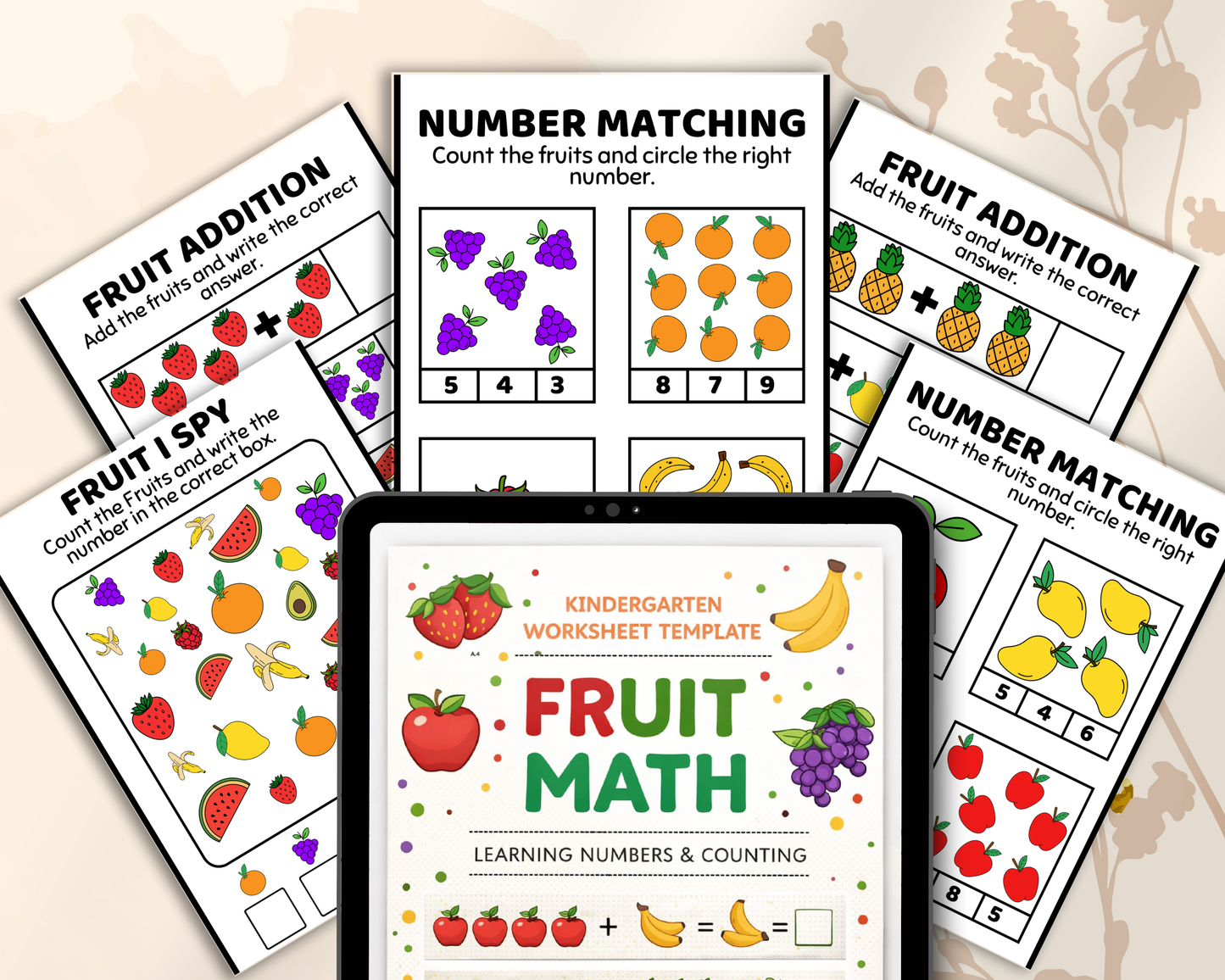 Fruit Math Worksheet for Kindergarten | Printable Counting & Addition Activities with Fun Fruit Theme