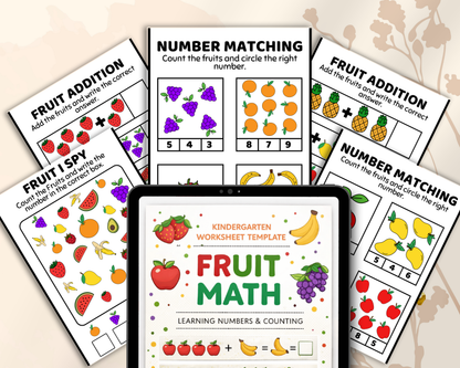 Fruit Math Worksheet for Kindergarten | Printable Counting & Addition Activities with Fun Fruit Theme