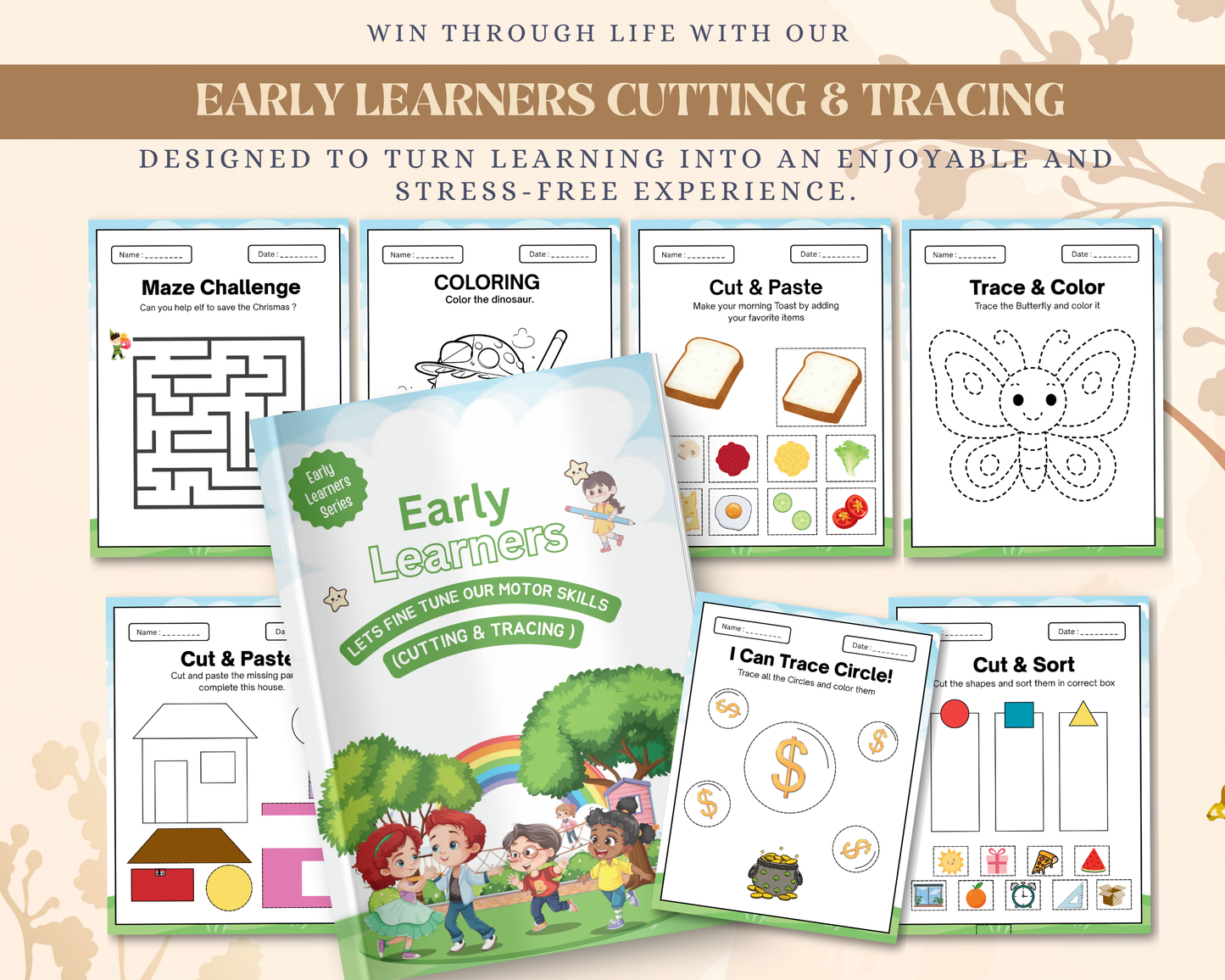 Early Learners Cutting & Tracing Worksheets | Printable Fine Motor Skills Activities for Kids
