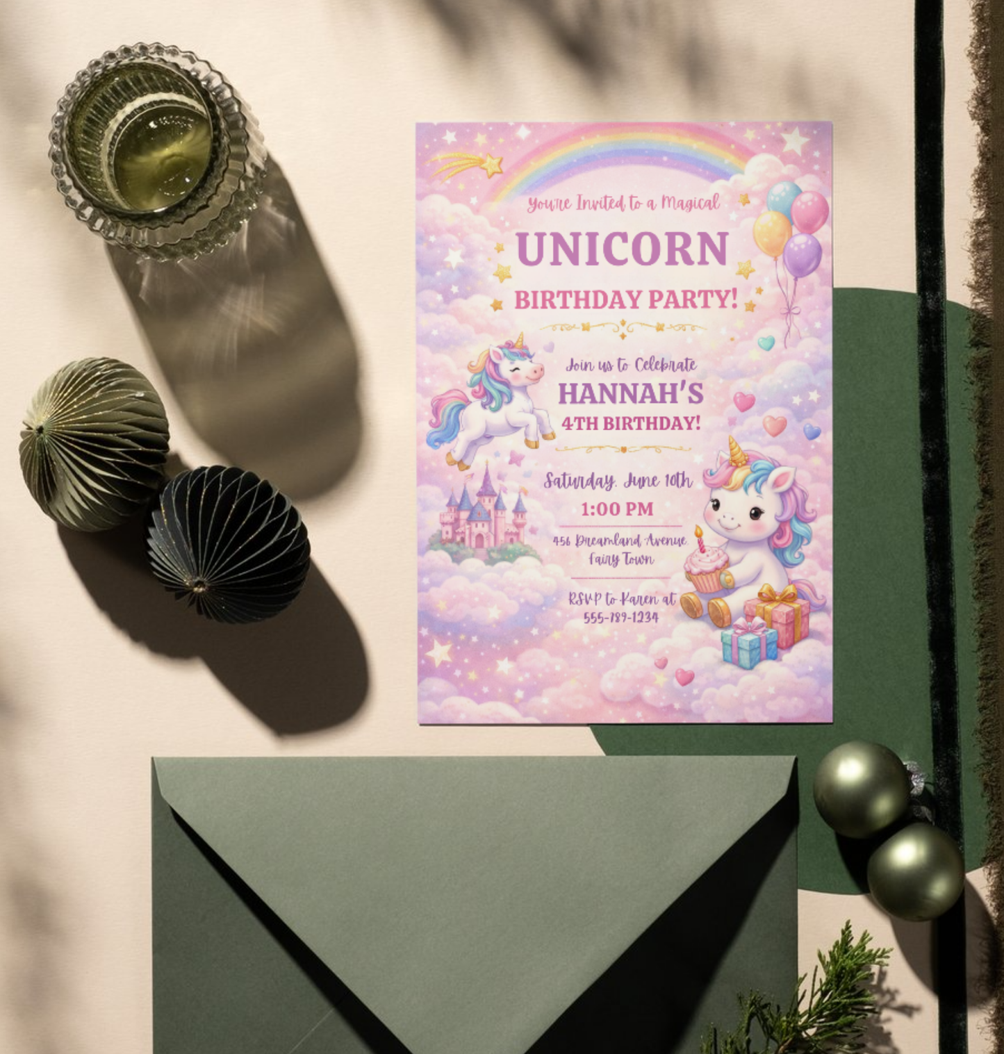 Unicorn Birthday Invitation Template | Editable Kids Magical Party Invite
