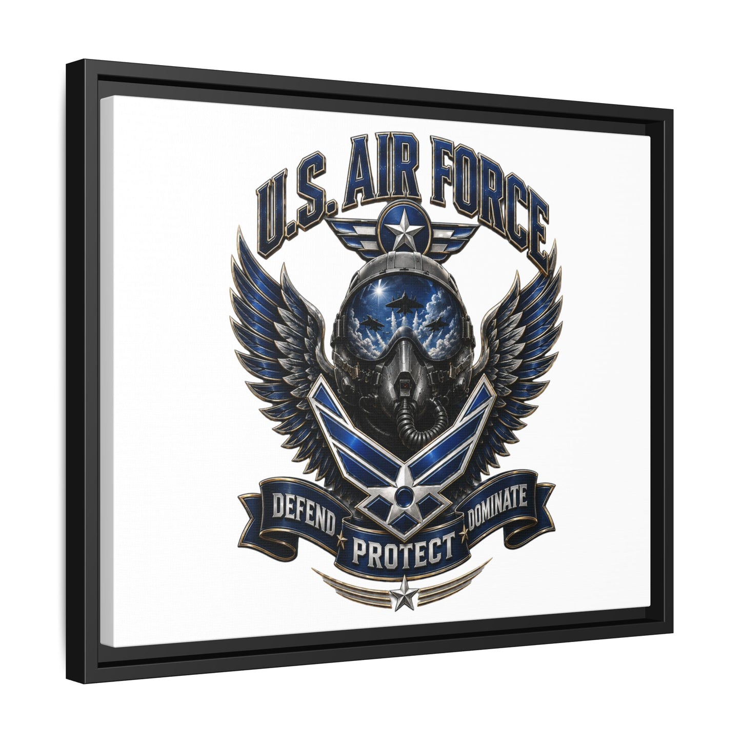 U.S. Air Force Emblem Framed Canvas Print – "Defend Protect Dominate" Military Wall Art