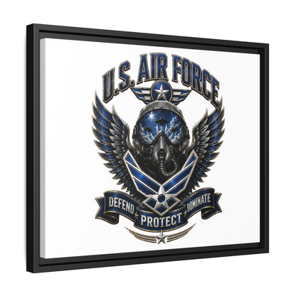 U.S. Air Force Emblem Framed Canvas Print – "Defend Protect Dominate" Military Wall Art