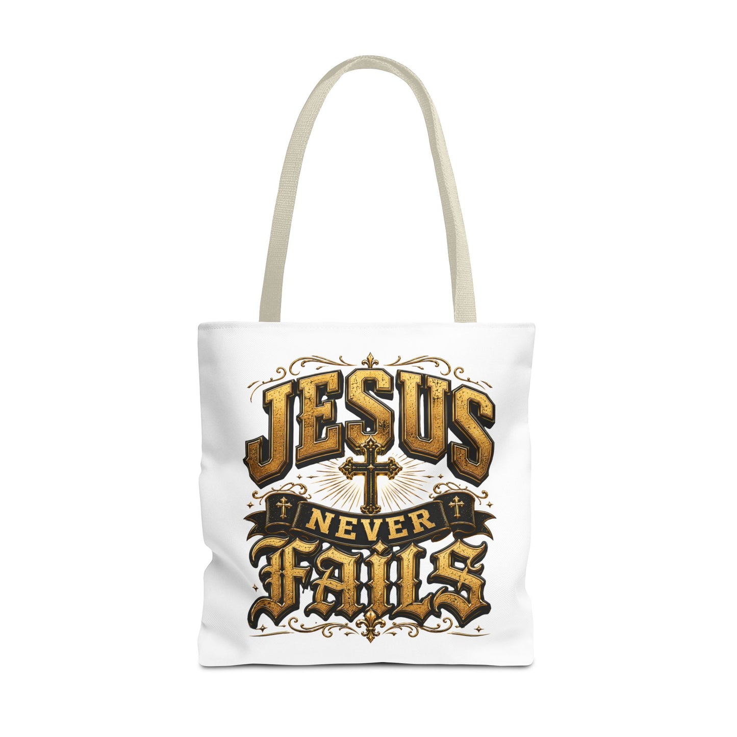 Jesus Never Fails Tote Bag — Christian Faith AOP Canvas Tote