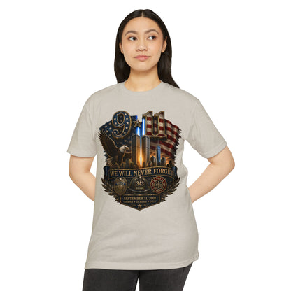 9/11 Memorial T-Shirt — "We Will Never Forget" Patriotic Tribute