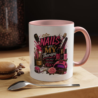 Coffee Mug — "Nails Are My Therapy" Pink Nail Tech Gift