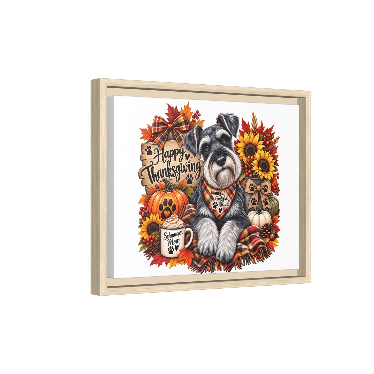 Happy Thanksgiving Schnauzer Framed Canvas — Autumn Dog Wall Art