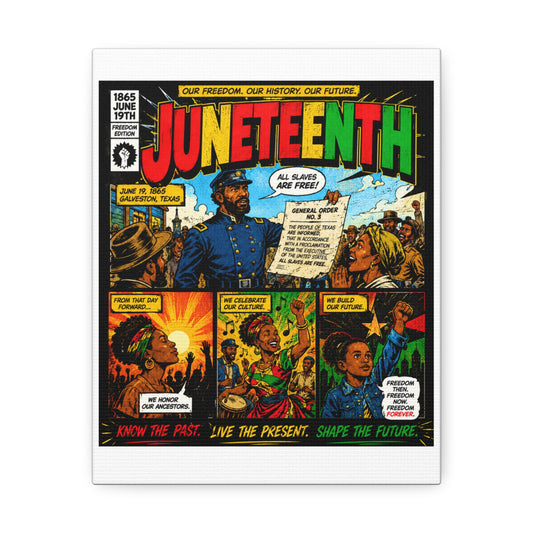 Juneteenth Comic Art Stretched Canvas – "Know the Past, Live the Present, Shape the Future"
