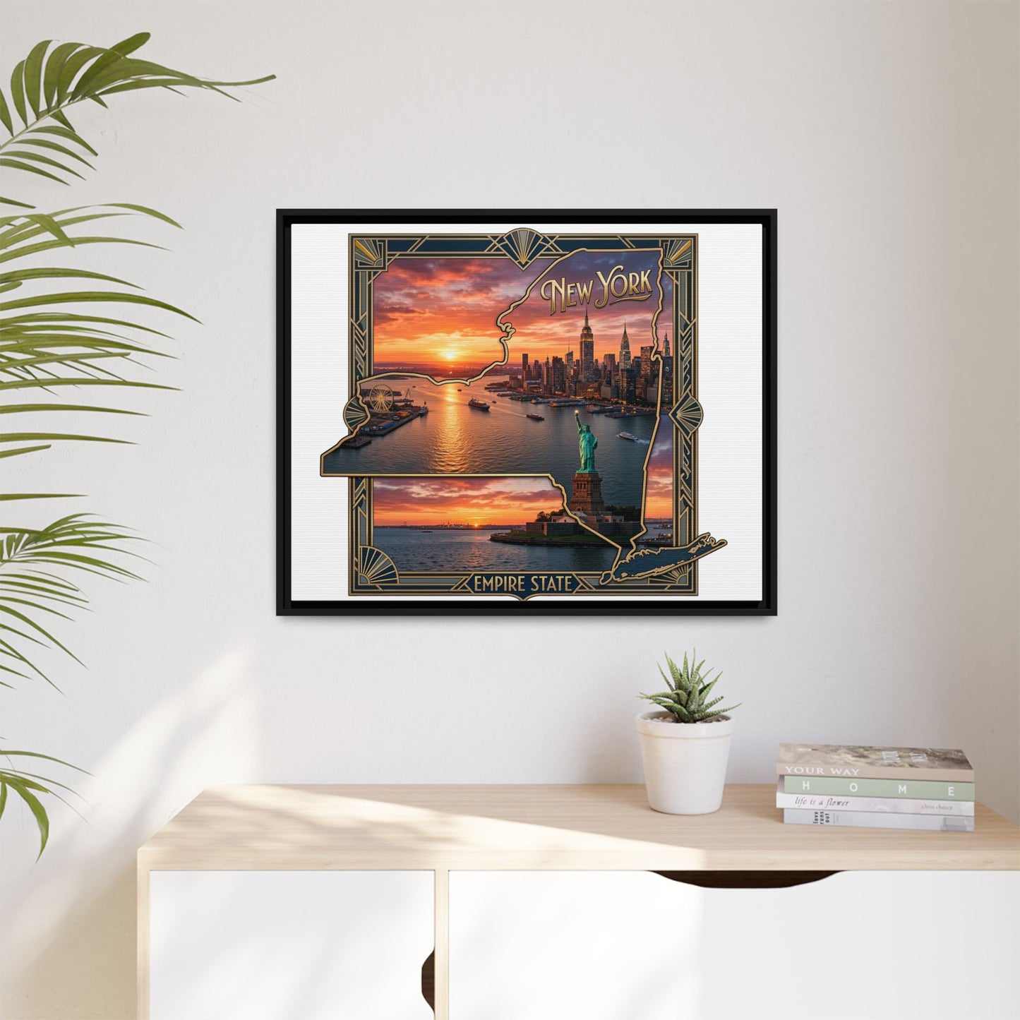 Framed Matte Canvas Wall Art — New York City Sunset Skyline with Statue of Liberty