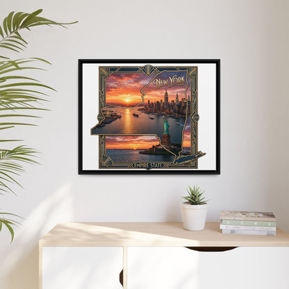 Framed Matte Canvas Wall Art — New York City Sunset Skyline with Statue of Liberty