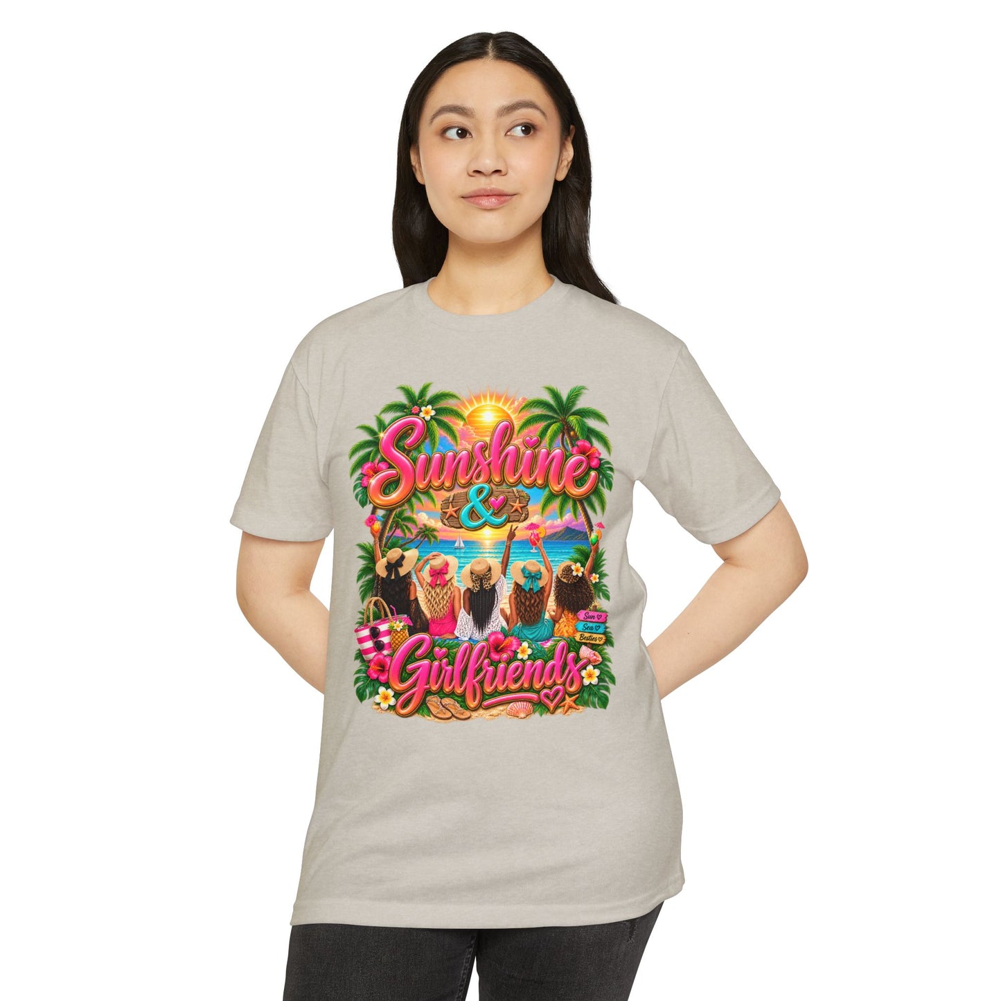 Sunshine & Girlfriends Beach T-Shirt — Tropical Vacation Tee for Friends