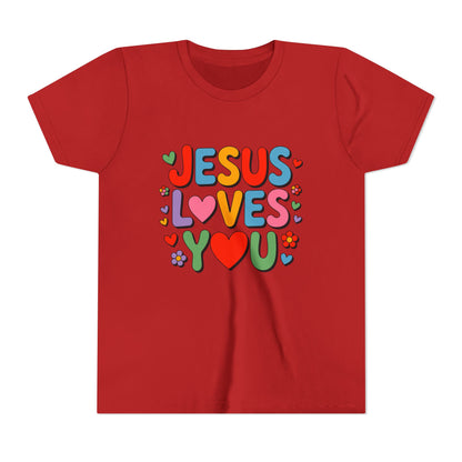 Youth Tee - "Jesus Loves You" Colorful Heart & Flower Christian Shirt