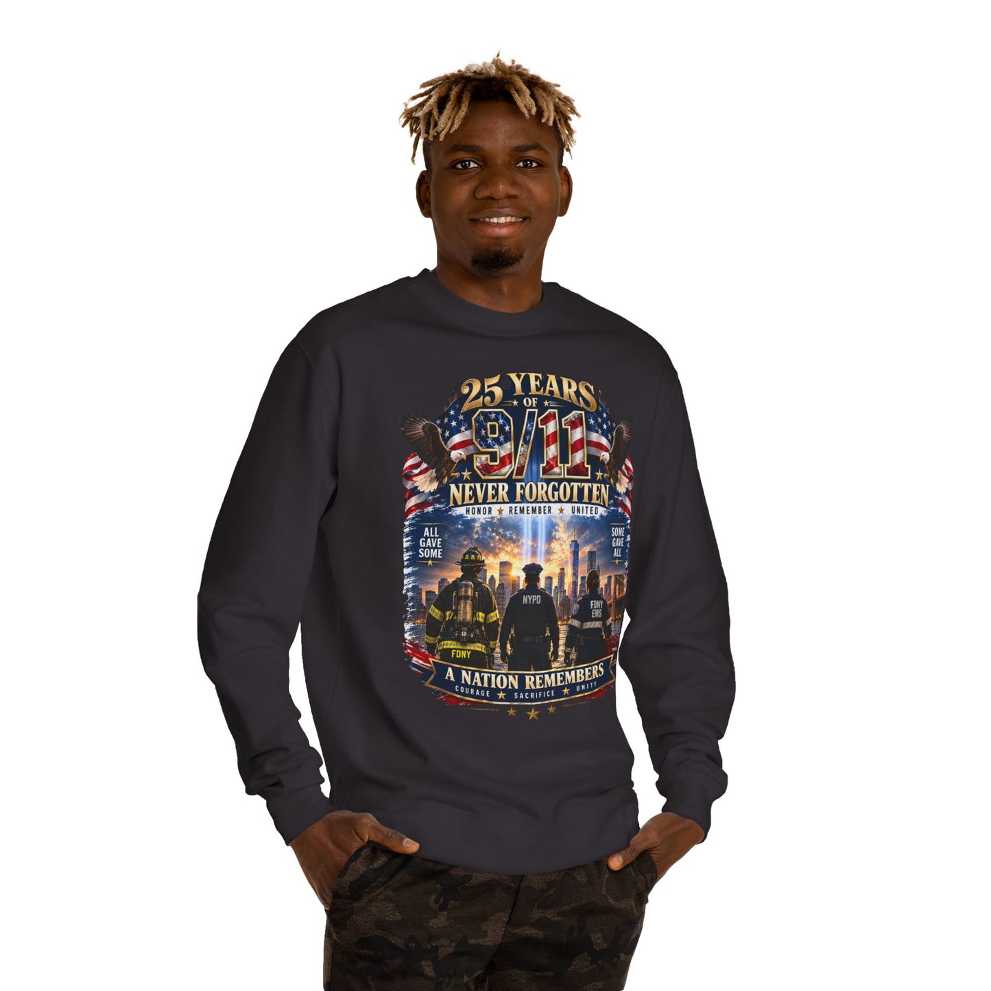 9/11 Never Forgotten Crewneck Sweatshirt — 25 Years Memorial Tribute