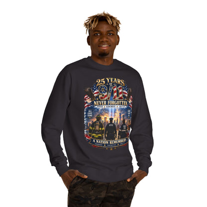 9/11 Never Forgotten Crewneck Sweatshirt — 25 Years Memorial Tribute