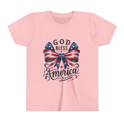 Youth Tee — "God Bless America" Patriotic Bow T-Shirt (4th of July, Memorial Day)