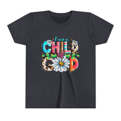 Youth Tee — "I Am a Child of God" Floral Christian Graphic