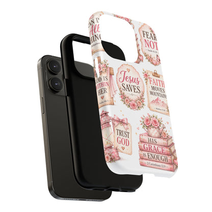 Christian Faith iPhone Tough Magnetic Case — 'Jesus Saves' Floral Scripture Design (Fear Not, Faith Moves Mountains)
