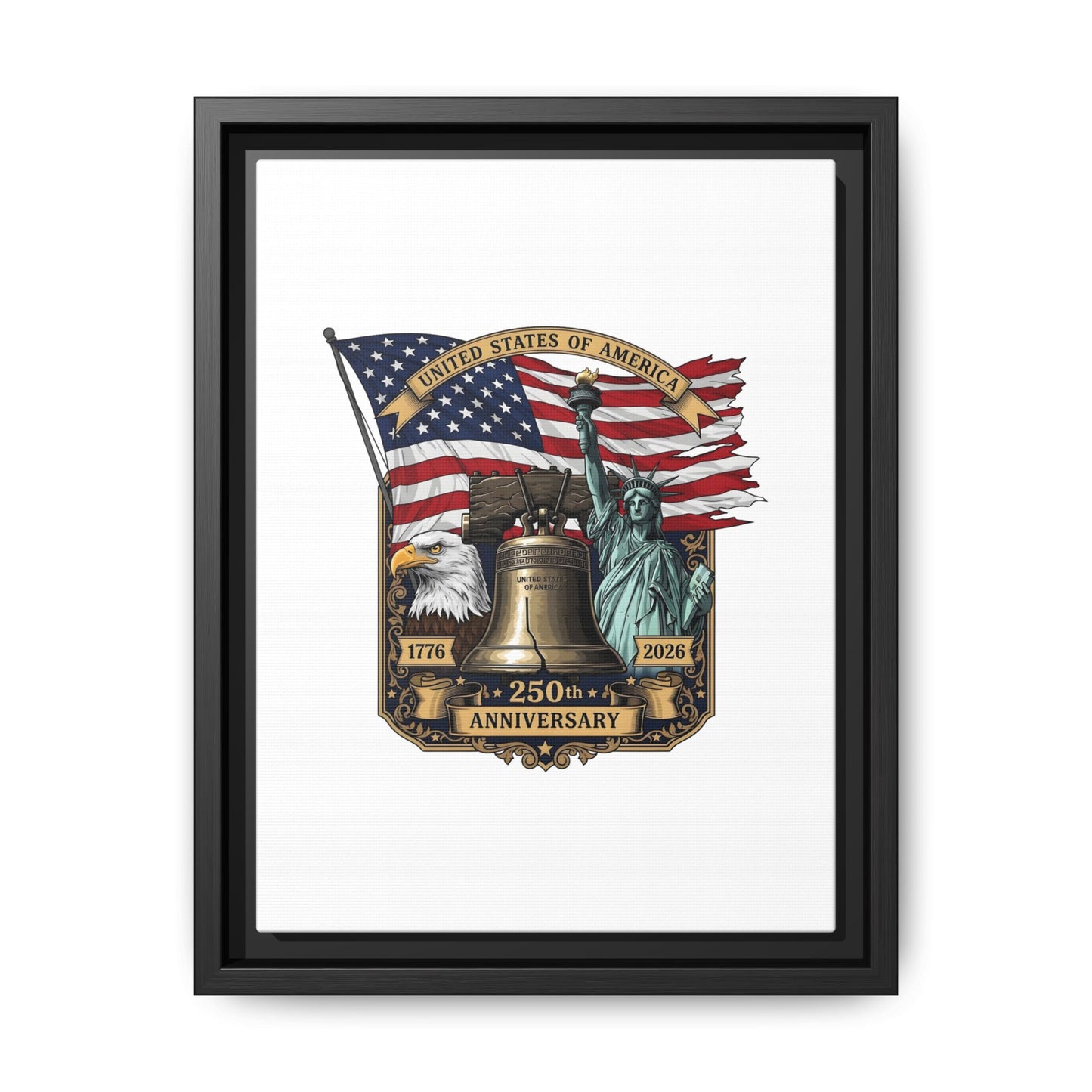 Liberty 250th Anniversary Framed Canvas Print — American Flag, Statue of Liberty & Liberty Bell Art