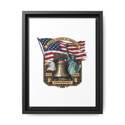 Liberty 250th Anniversary Framed Canvas Print — American Flag, Statue of Liberty & Liberty Bell Art
