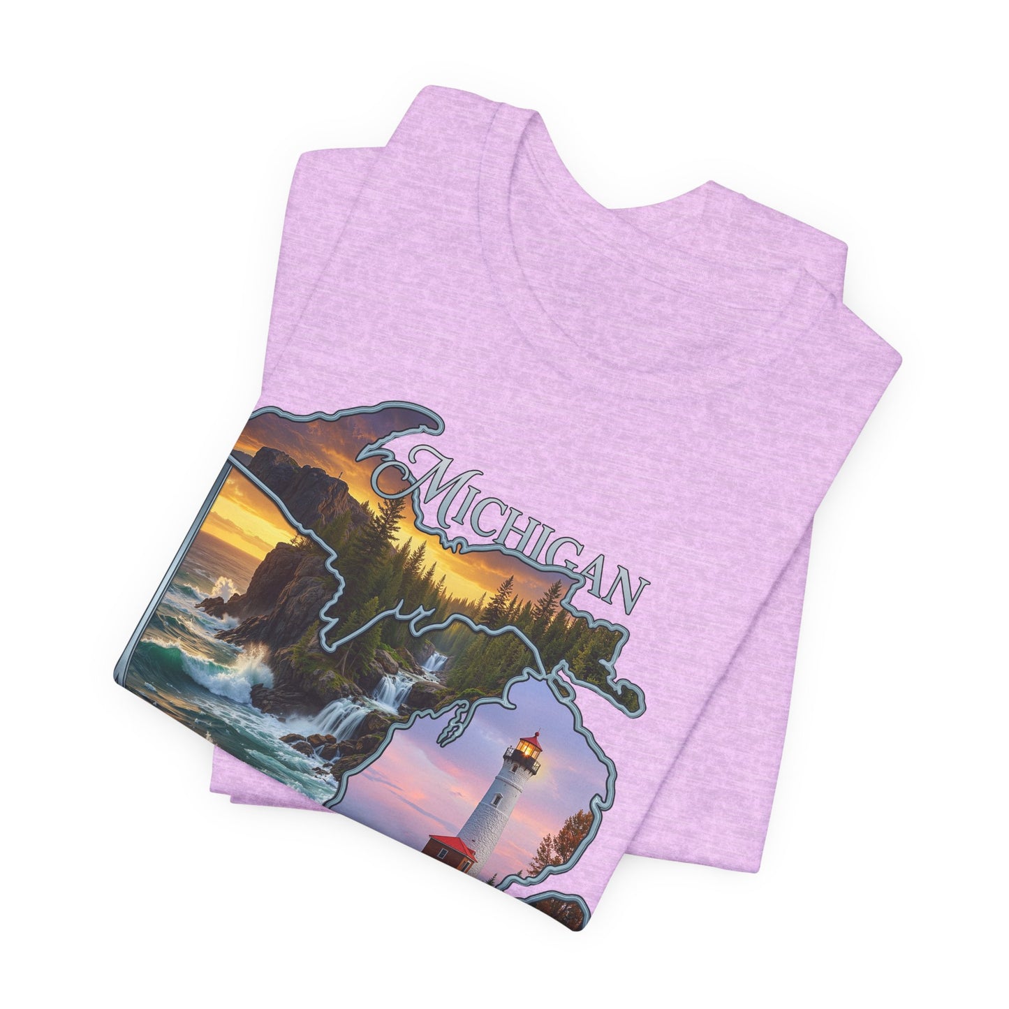 Michigan Scenic Map T-Shirt — Great Lakes Lighthouse Sunset Tee